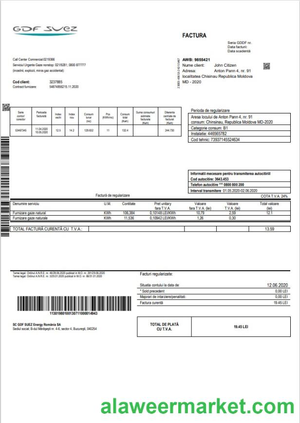 Moldova Gas utility bill template in Word and PDF format